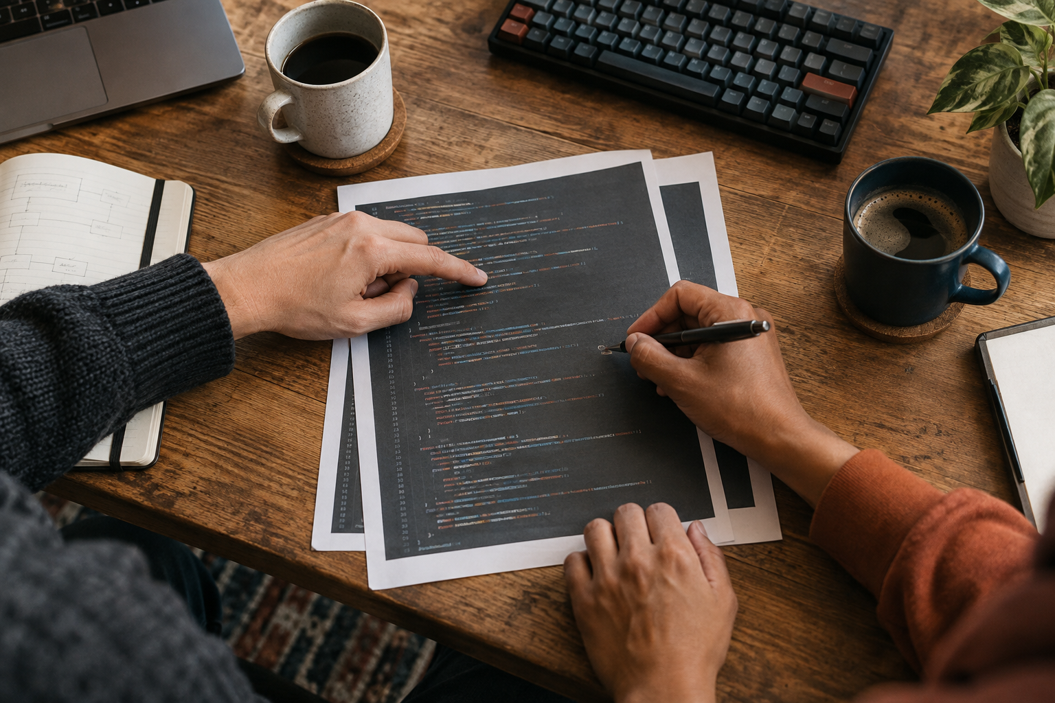Two developers reviewing printed code together at a shared worktable.