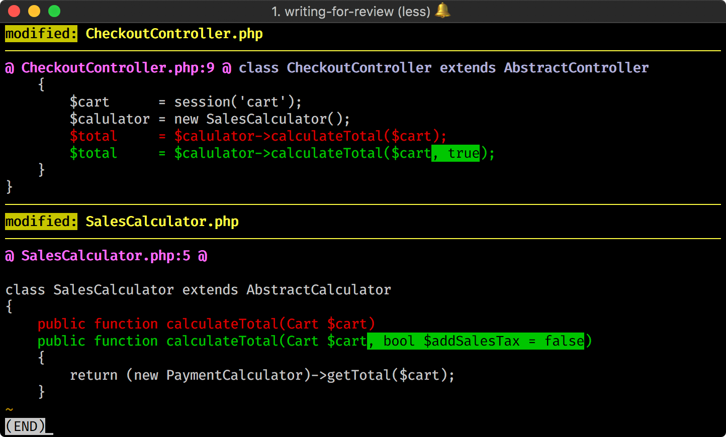 Diff adds an optional addSalesTax boolean parameter, defaulting to false, and passes true at the call site.